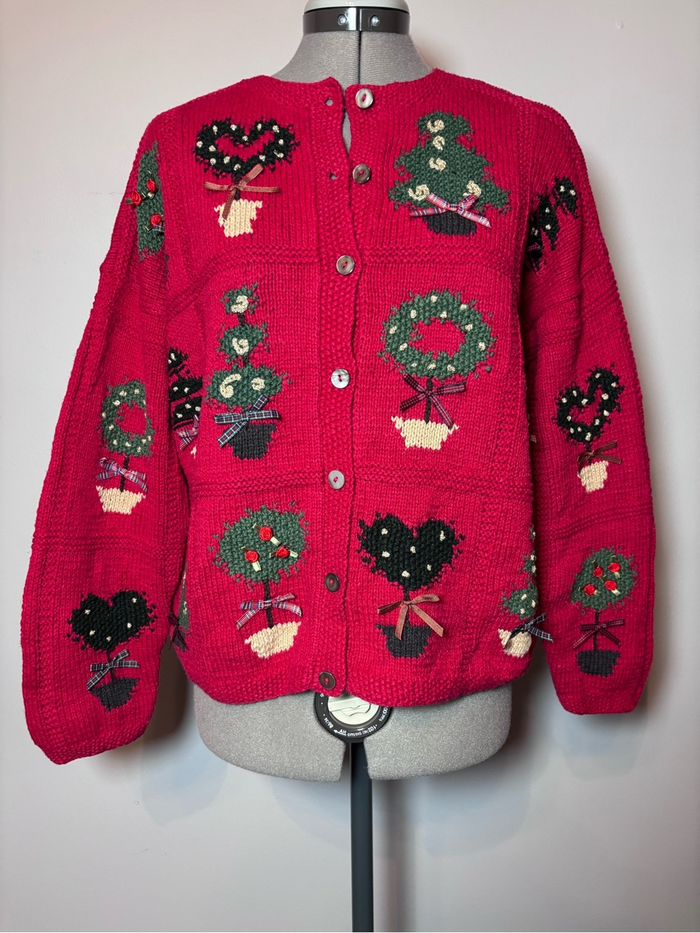 Talbots Red Embroidered Holiday Cardigan with Wreath & Topiary Motifs - P/M